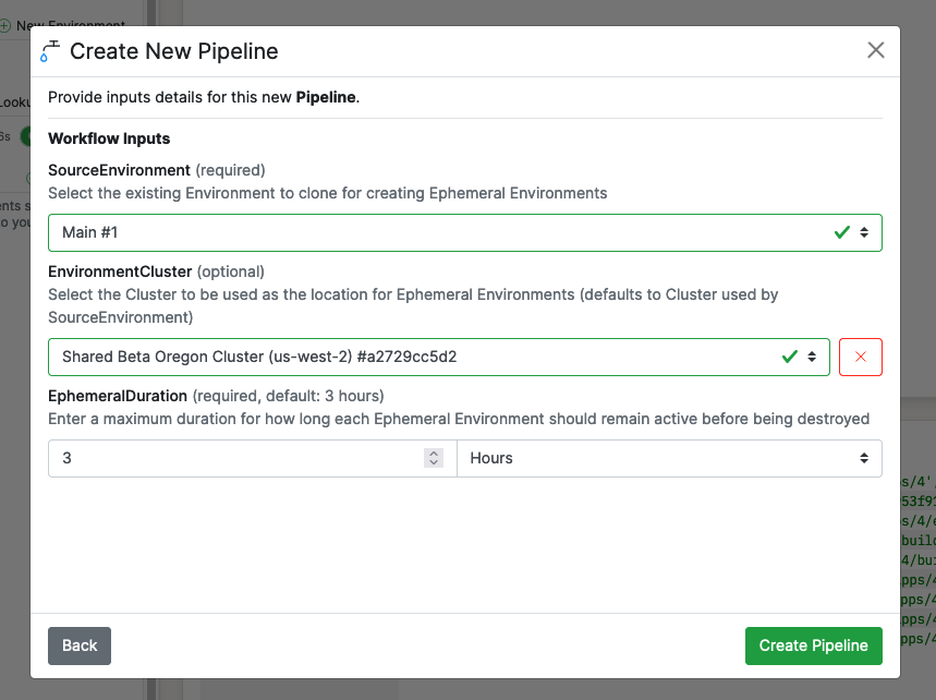 Screenshot showing the create Pipeline form